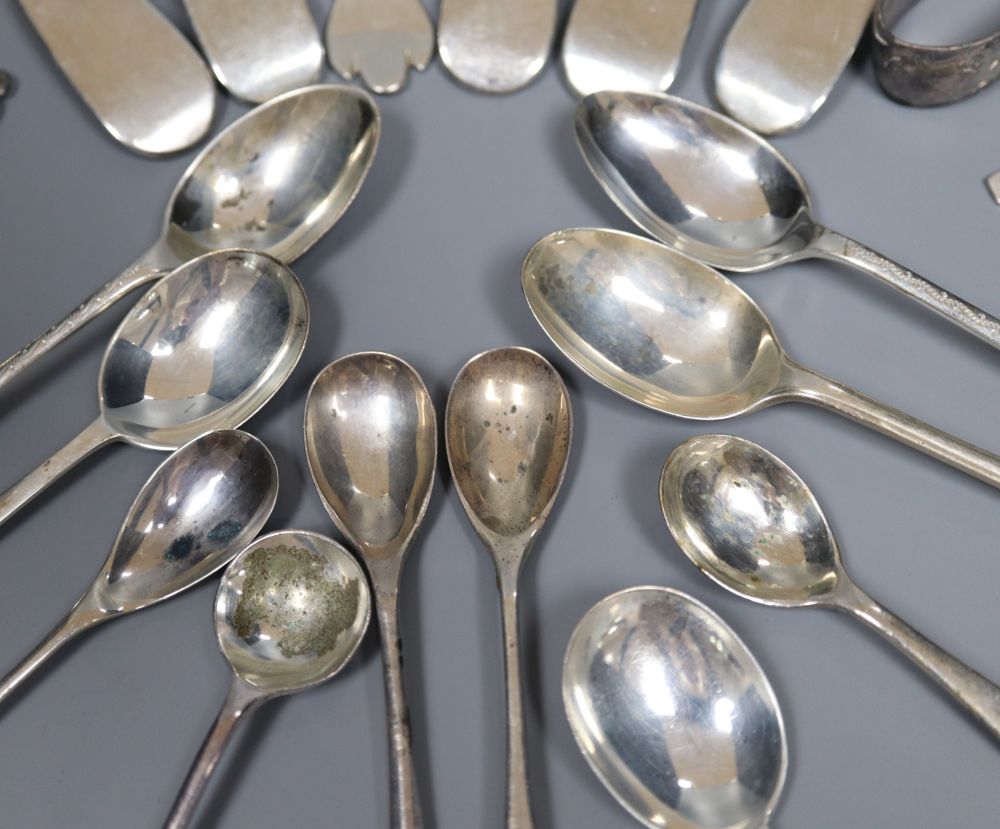 A group of assorted 19th century and later minor silver flatware, two white metal items and a plated condiment spoon, 14oz.
